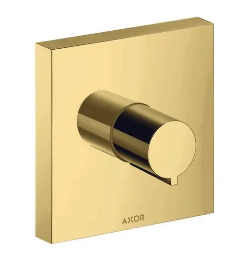 Klares, quadratisches Absperrventil aus glänzendem Gold mit runder Steuerung in der Mitte. Produkt von AXOR, geeignet für Unterputzinstallation.